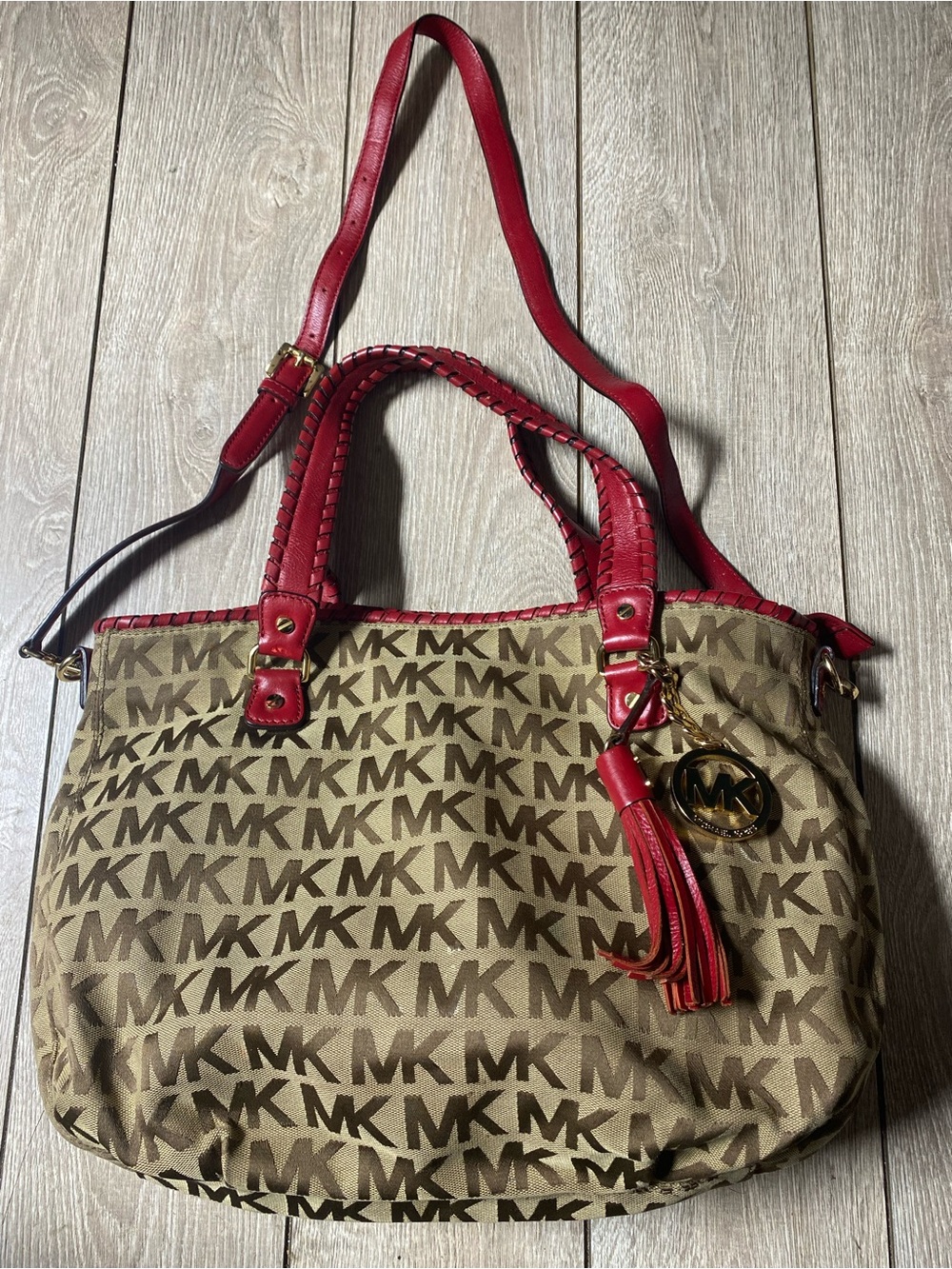 Michael Kors Marina Large Gathered Monogram Canvas Tote Bag Red Trim Tassel Y2K